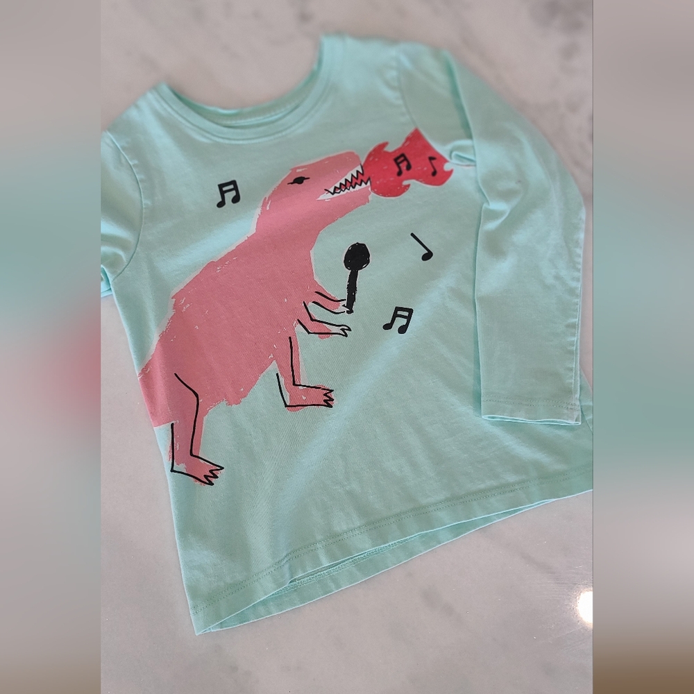 3/$10 Tea Mint Long-Sleeve Top with Pink Dinosaur Graphic